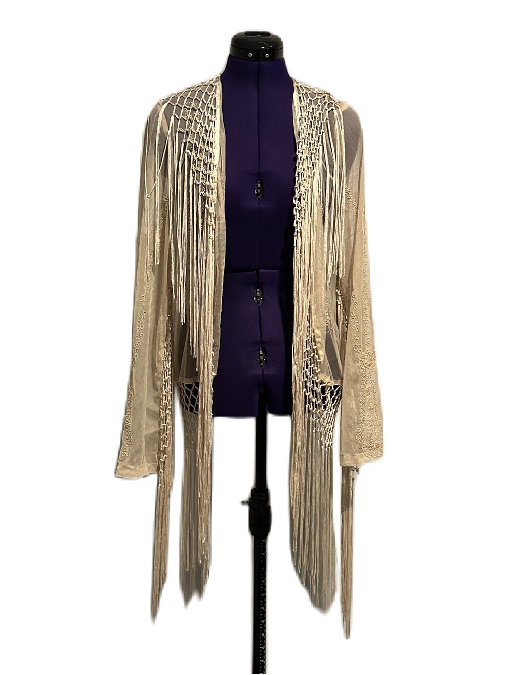 Romeo + Juliet Beige Sheer Lace Fringe Kimono Sweater